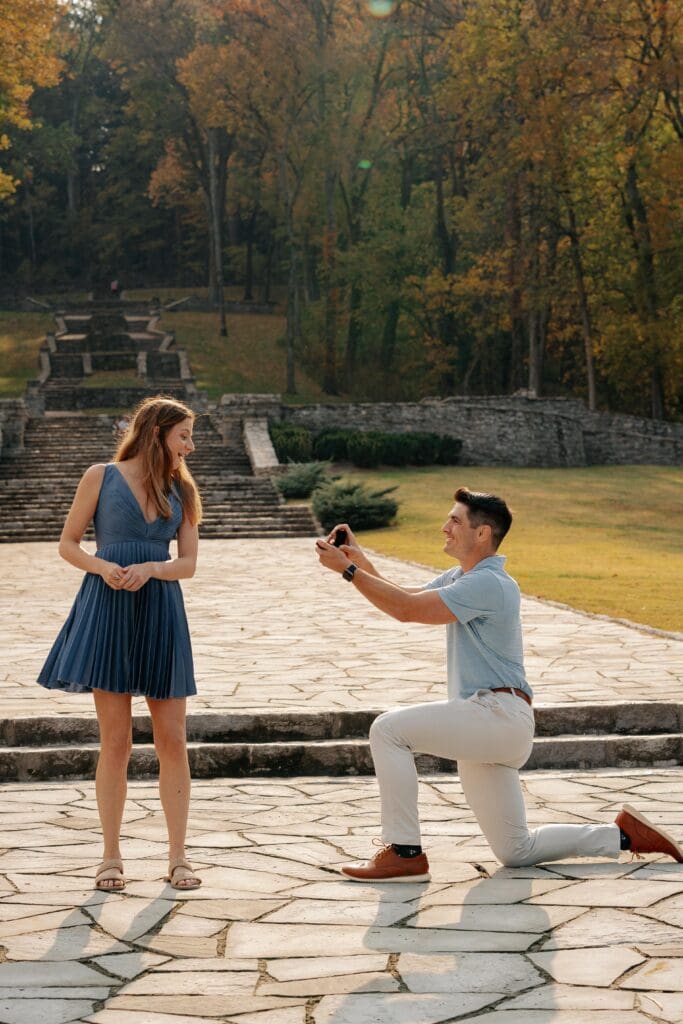 Romantic proposal at Percy Warner Park overlook in Nashville, TN