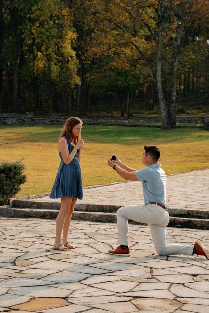 Couple celebrating engagement at Percy Warner Park